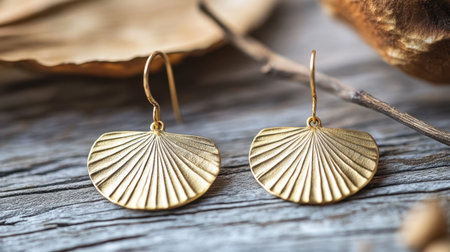 Captivating gold earrings featuring a unique seashell design, beautifully displayed on a textured wooden surface, perfect for fashion and jewelry themes.の素材