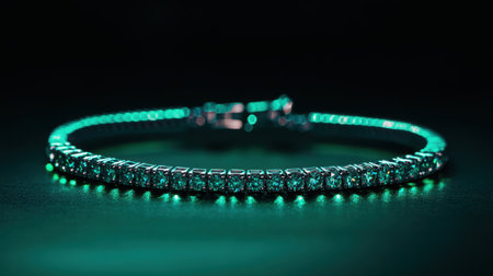 A stunning silver bracelet adorned with sparkling gemstones, beautifully illuminated by blue light against a dark background, evoking luxury and elegance.の素材