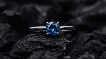 This striking blue gem ring showcases a mesmerizing blue stone set in a refined silver band, resting on a dark textured surface. Perfect for special occasions.の素材