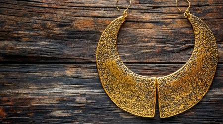 Close-up view of stunning gold hoop earrings featuring a textured surface, beautifully displayed against a rustic wooden background, ideal for fashion imagery.の素材