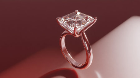Exquisite rose gold engagement ring featuring a brilliant square diamond centerpiece, set against a soft gradient backdrop, enhancing its luxurious appeal.の素材