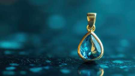 A stunning close-up of a gold pendant featuring a teardrop-shaped blue gemstone, showcasing exquisite craftsmanship and luxurious design.の素材