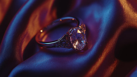 A stunning diamond ring rests elegantly on rich satin fabric, illuminated by soft lighting that enhances its striking features and exquisite craftsmanship.の素材