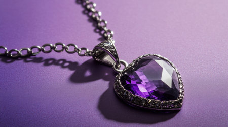 A stunning heart-shaped necklace featuring a vivid purple gemstone set in a sleek silver frame, perfect for adding elegance to any outfit.の素材