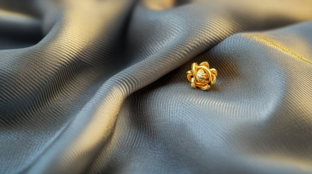 This image showcases an elegant golden flower-shaped brooch delicately resting on smooth satin fabric. The soft lighting highlights the intricate design and luxurious texture, making it perfect for fashion or jewelry-related projects.の素材