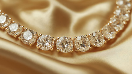 This stunning diamond necklace is elegantly arranged on a luxurious satin fabric, showcasing its brilliance and beauty. Perfect for fashion presentations or glamorous displays.の素材