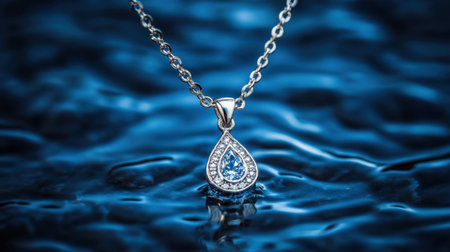 This captivating image showcases an elegant silver necklace featuring a stunning blue gem, set against a shimmering water background, perfect for jewelry lovers.の素材