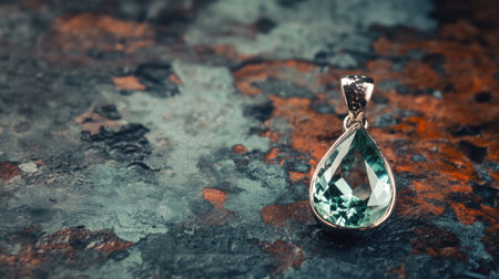 This image showcases an elegant tear drop pendant featuring a light green gemstone, beautifully set against a textured background, highlighting its unique design and craftsmanship.の素材