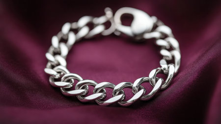 This stunning silver chain bracelet rests gracefully on a rich burgundy fabric, highlighting its sleek design and exquisite craftsmanship in jewelry fashion.の素材