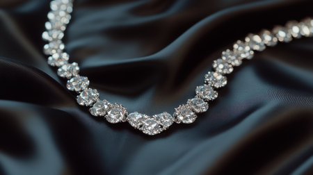 Close-up of a stunning diamond necklace elegantly placed on soft black silk fabric, showcasing exquisite craftsmanship and luxurious beauty. Perfect for fashion displays.の素材
