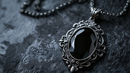 A beautifully crafted vintage black gemstone pendant necklace featuring intricate silver filigree design, perfect for adding elegance to any outfit.の素材