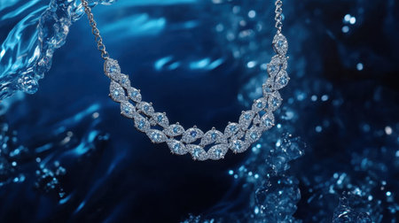 This exquisite diamond necklace gleams against a captivating blue water background, embodying elegance and sophistication perfect for fashion and accessory themes.の素材