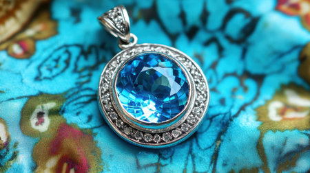 A captivating blue gemstone pendant elegantly designed with radiant cut stones and dainty diamonds, elegantly displayed against a vibrant textile background.の素材