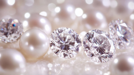 This stunning close-up image features sparkling diamonds and smooth pearls arranged beautifully on a soft, blurred background, ideal for luxury themes.の素材