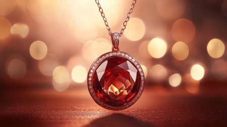 This exquisite red gemstone pendant captures attention with its rich color and sparkling details, elegantly suspended on a delicate chain against a warm bokeh background.の素材