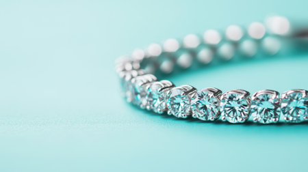A stunning close-up of an elegant silver bracelet adorned with sparkling round gemstones, set against a soft turquoise background, ideal for luxury jewelry promotion.の素材