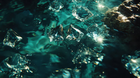 Vibrant crystal formations float gracefully in clear aqua water, showcasing intricate reflections of sunlight, evoking beauty and tranquility in nature.の素材