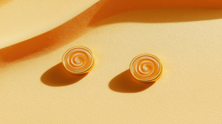 Two round yellow swirl candies rest playfully on a soft yellow background, casting gentle shadows and creating a cheerful and vibrant atmosphere.の素材