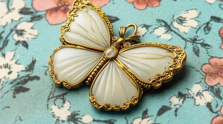 This beautiful gold and white butterfly brooch captures elegance with intricate detailing. Set against a vintage floral fabric, it is perfect for accessories.の素材