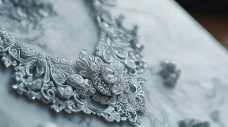 This stunning silver necklace showcases intricate details and exquisite craftsmanship, perfectly placed on a delicate marble background, embodying luxury and elegance.の素材