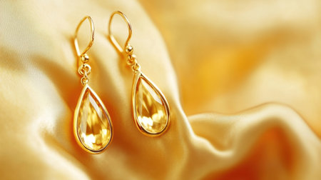 This image features elegant teardrop gold earrings adorned with stunning citrine gemstones, beautifully displayed on a soft silk fabric background.の素材