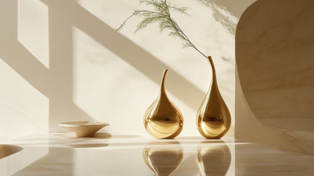 This image features two elegant golden vases with a delicate branch, set on a smooth surface. The warm, neutral tones and shadows create a serene atmosphere.の素材