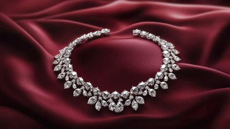 A breathtaking luxury diamond necklace beautifully displayed on sumptuous burgundy silk fabric, showcasing its intricate design and sparkling gemstones, perfect for highlighting elegance and sophistication in fashion accessories.の素材