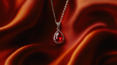 This captivating image features a stunning red gemstone necklace gracefully hanging on a rich silk fabric. The elegant design and luxurious feel make it ideal for jewelry marketing and promotional materials.の素材
