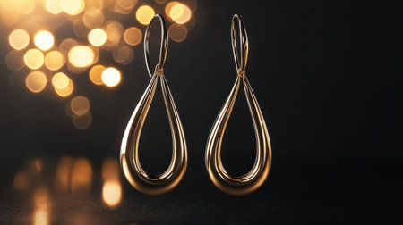 Stunning gold earrings featuring smooth curves and a sophisticated design, set against a dark background with sparkling lights for a luxurious aesthetic.の素材