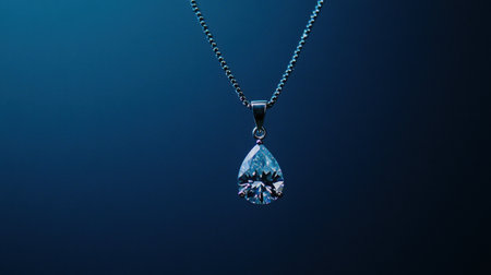 This stunning image features an elegant diamond pendant hanging from a silver chain, captured against a dark background. The exquisite design showcases the pendant's sparkling brilliance and tear-shaped form, perfect for jewelry displays or fashion portfolios.の素材