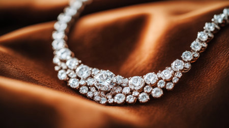 An exquisite diamond necklace elegantly placed on rich satin fabric, showcasing sparkling gems and intricate designs that embody sophistication and luxury.の素材