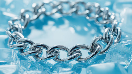 A beautiful shiny silver chain bracelet rests on a bed of ice cubes, creating a striking visual contrast against a cool blue background, perfect for fashion.の素材