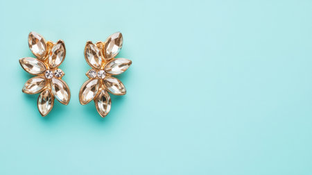 Discover a stunning pair of elegant floral gold earrings adorned with sparkling gems, beautifully contrasted against a vibrant turquoise background, perfect for fashion lovers.の素材