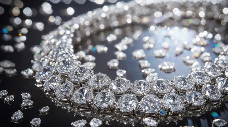 Stunning close-up of intricate diamond jewelry artfully arranged against a dark backdrop, highlighting the sparkling brilliance and elegance of each gem.の素材
