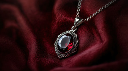 A stunning vintage necklace showcasing a dark red gemstone set in intricate silver detailing, elegantly resting on soft red fabric, perfect for fashion enthusiasts.の素材