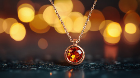 A stunning pendant necklace featuring a vibrant orange gemstone, beautifully illuminated against a mesmerizing bokeh background, showcasing elegance and style.の素材