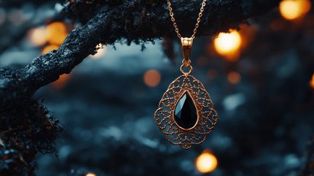 This striking image showcases an elegant black pendant necklace set in intricate gold filigree, surrounded by a magical ambiance of sparkling lights.の素材