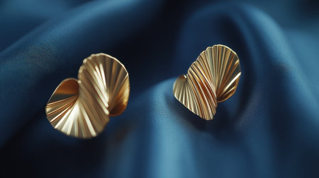 Discover these unique gold earrings featuring intricate designs that shimmer beautifully against a plush blue fabric, perfect for adding elegance to any outfit.の素材