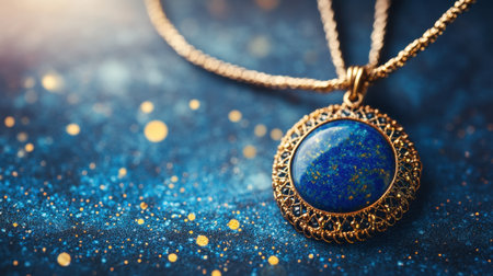This stunning image features an elegant gold necklace adorned with a vibrant blue stone pendant, set against a sparkling starry background, perfect for showcasing luxury and beauty in jewelry.の素材