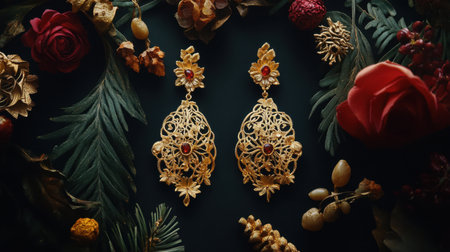 Stunning gold earrings with intricate design set against a dark backdrop adorned with colorful flowers and decorative elements, showcasing elegance and artistry.の素材