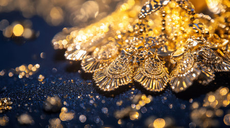 This captivating close-up showcases ornate golden earrings nestled against a shimmering backdrop, enhanced by sparkling bokeh lights, emphasizing elegance and luxury.の素材