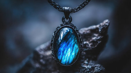 Stunning closeup of a labradorite pendant featuring a unique blue hue, set in an intricate silver design against a dark background. Perfect for jewelry lovers.の素材