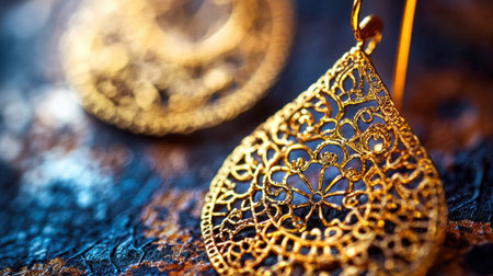 Stunning close-up of a pair of intricate gold filigree earrings showcasing exquisite craftsmanship and design, perfect for elegant occasions.の素材