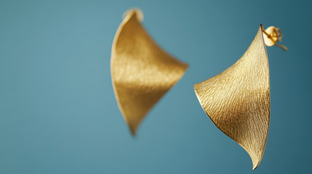 Discover the charm of these elegant gold earrings, featuring a unique leaf shape design. Set against a soft blue background, they evoke beauty and sophistication.の素材