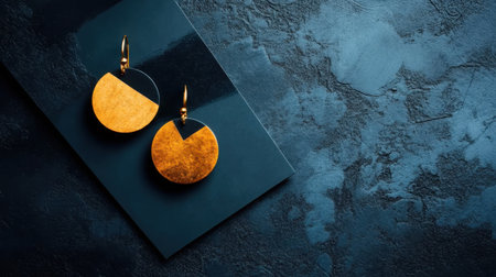 This striking image features elegant gold and black earrings resting on a dark textured surface, perfect for showcasing jewelry and fashion trends.の素材