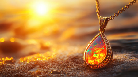 A stunning gemstone pendant shines with vibrant colors in the warm sunlight while resting on sandy beach shores, creating a serene and luxurious atmosphere.の素材