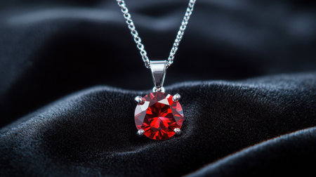 A stunning close-up of a red gemstone pendant elegantly displayed on a silver chain, resting on luxurious black velvet, showcasing its brilliance and detail.の素材