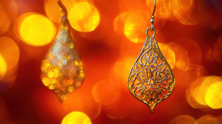 Stunning close-up shot of gold earrings showcasing intricate patterns, beautifully highlighted against a vivid bokeh background. Perfect for fashion and jewelry themes.の素材