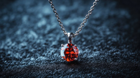 This stunning red gemstone pendant pendant is elegantly displayed on a silver chain, showcasing its brilliance against a dark textured background, perfect for fashion lovers.の素材