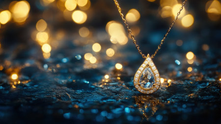 A stunning teardrop-shaped diamond pendant necklace captured in a soft-focus background of golden lights, showcasing jewelry design and elegance.の素材